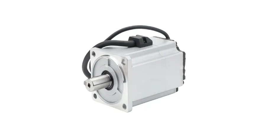 Isolated high-precision servo motor with shaft and cable, used in energy-efficient CNC machines for sustainable machining.