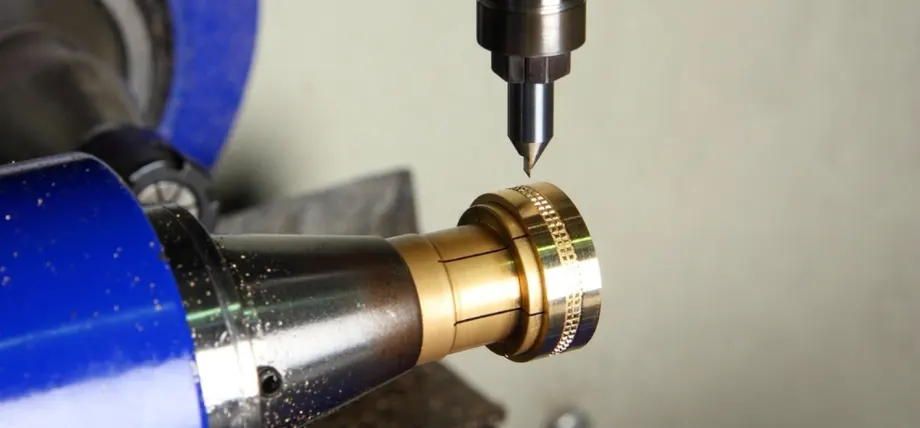 Precision CNC tool engraving intricate patterns on a gold jewelry piece mounted on a rotating spindle.