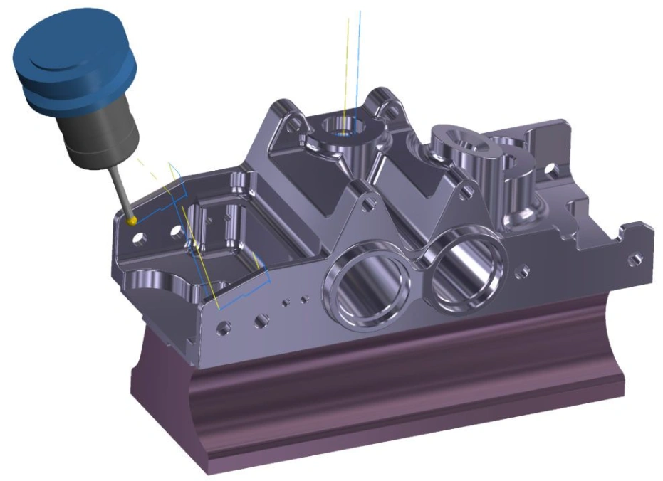 CAM software visualization of a complex multi-cavity part setup with tool positioning and toolpath lines  