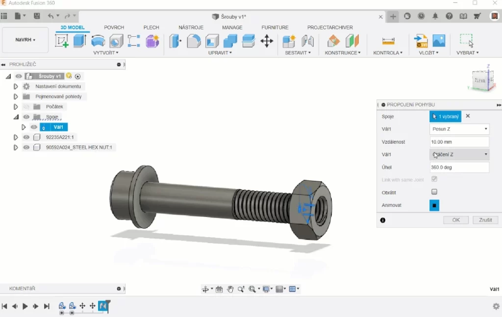 Fusion 360 to CNC software interface displaying a 3D model of a bolt and nut assembly 