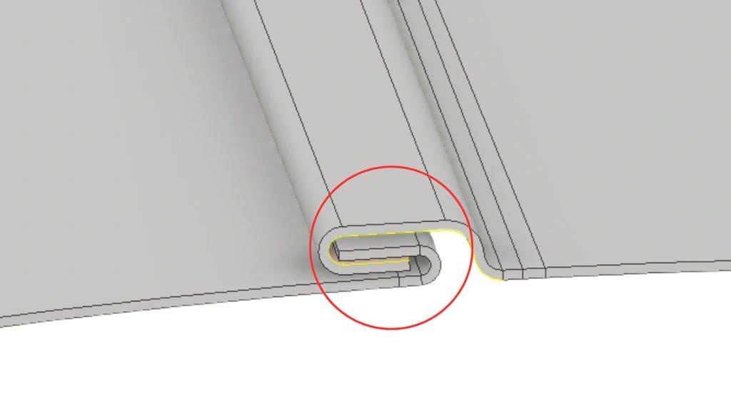 A sheet metal design, indicating the grooved seams inside a red circle
