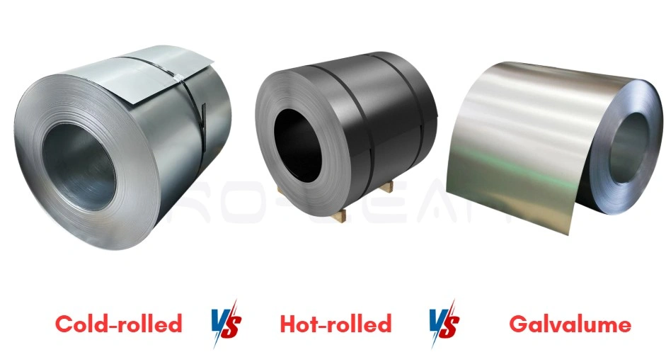 An image showing hot-rolled, cold-rolled, and galvalume steel coils.