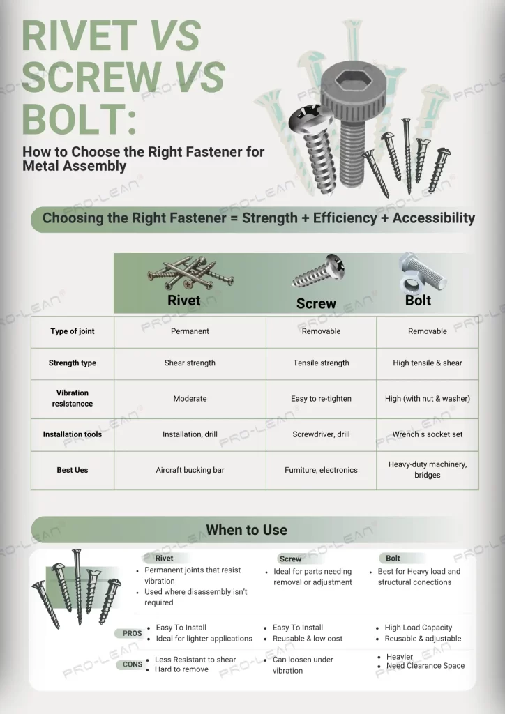 Image comparing rivets, screws, and bolts for metal assembly—joint type, strength, maintenance, and use cases—by ProleanTech