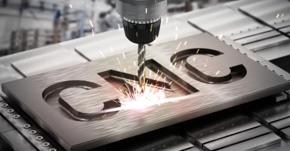 CNC machine cutting a metal plate with sparks flying during the precision manufacturing process.