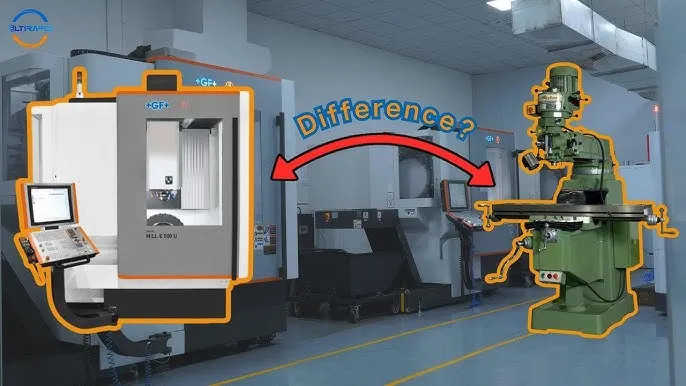 Modern CNC machine next to traditional manual milling machine, highlighting manufacturing technology differences.