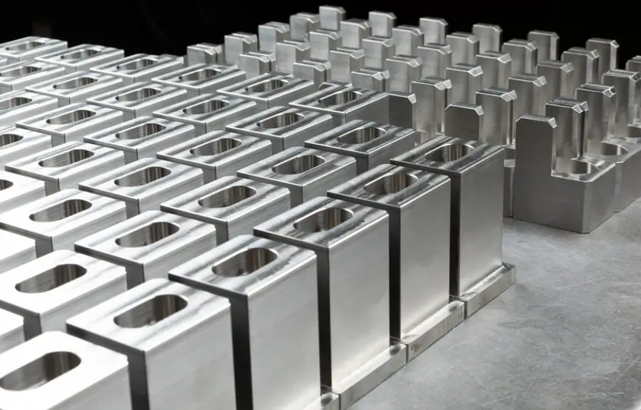 Multiple identical CNC-machined aluminum blocks with rectangular cutouts arranged in organized rows for batch production