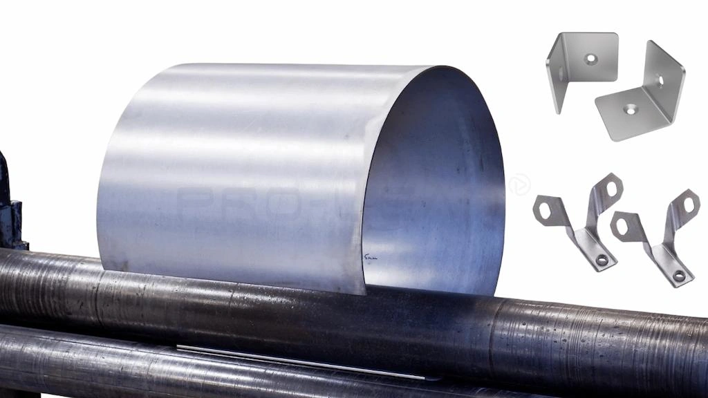 An image of a raw stainless steel sheet bending on rollers and formed parts on the right. 