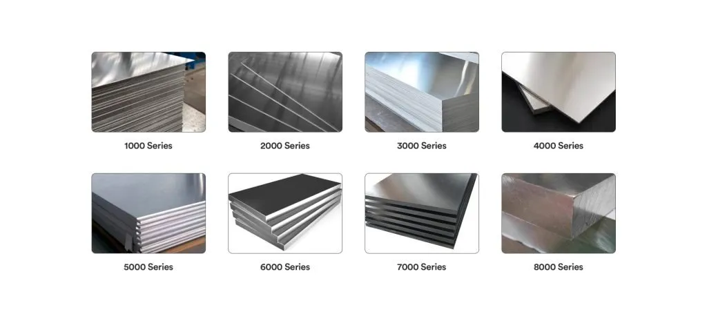 Eight aluminum alloy series samples showing different grades and surface finishes