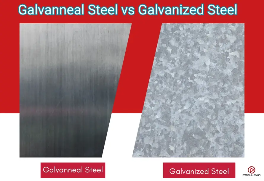 A comparison image of galvanneal steel matte finish against galvanized steel crystalline spangle pattern