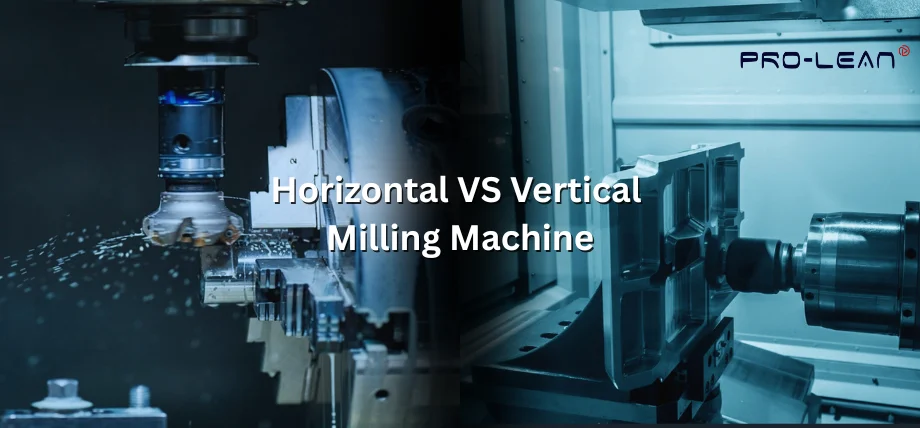 Vertical milling machine cutting a part with coolant on the left and horizontal milling center on the right with text “horizontal vs vertical milling machine