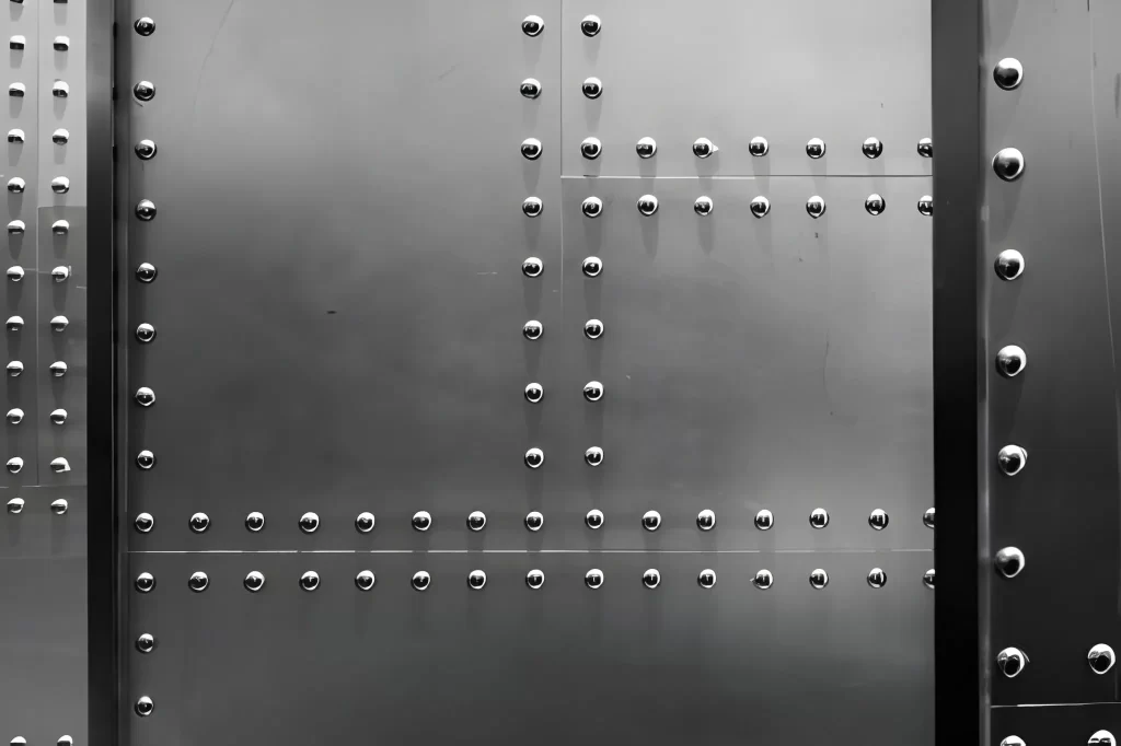 A sturdy metal gate featuring visible rivets against a steel wall background.