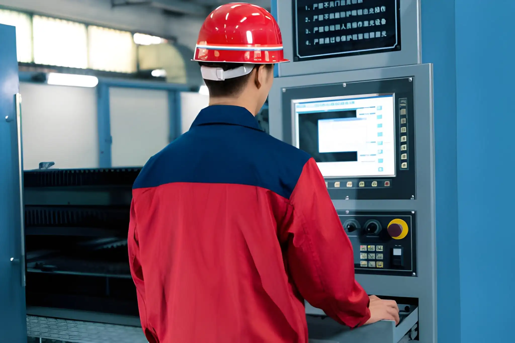 A machinist at the control panel of a CNC machine setting the parameters for a finishing pass