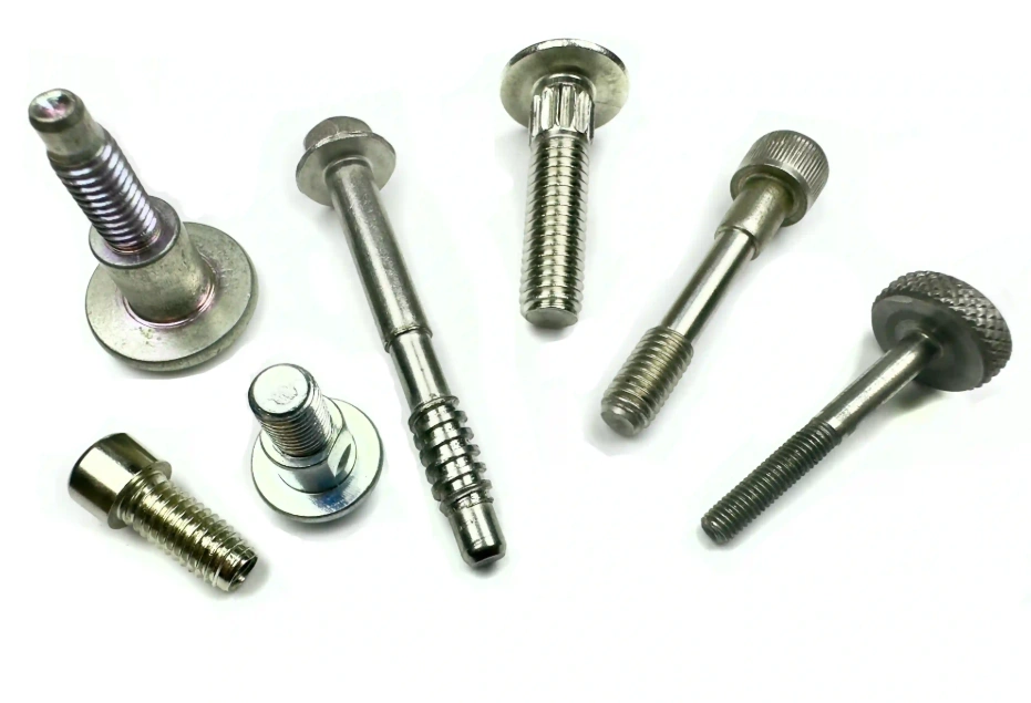Seven automotive bolts with various thread types and head designs 