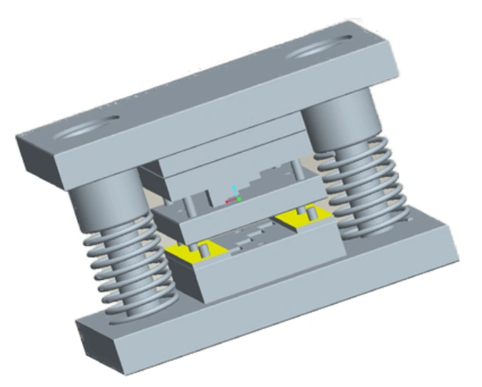 CAD model of a blanking die assembly with guide pins and yellow die inserts 