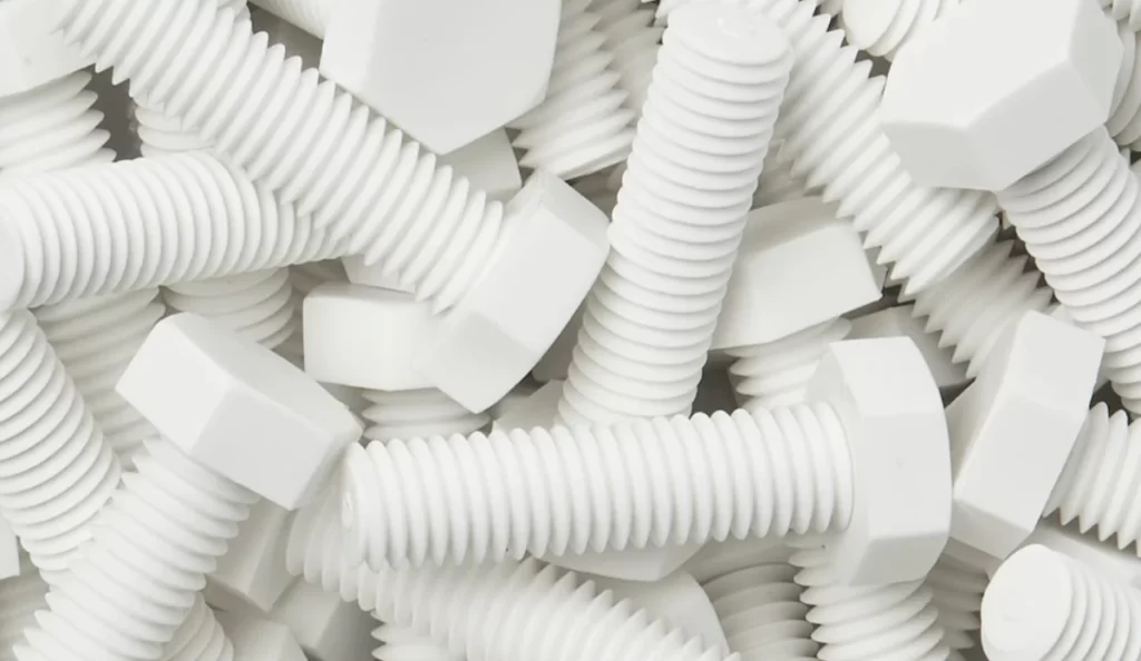 White Polypropylene (PP) bolts and nuts with standard CNC threading 