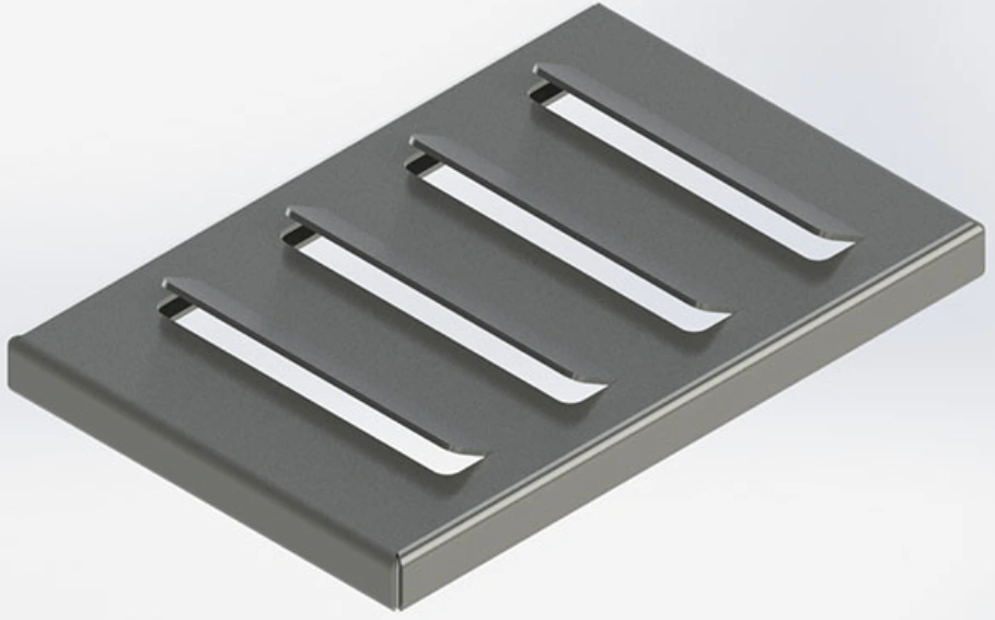 Pressed sheet metal louver panel with raised ventilation slots