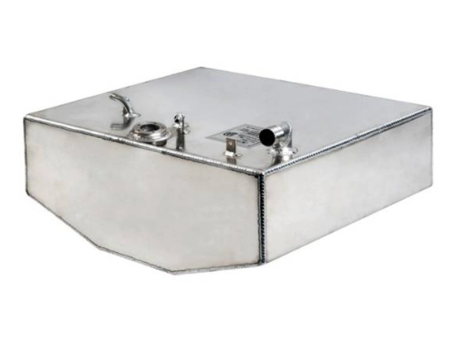 Polished steel fuel tank fabricated from blanked and welded panels