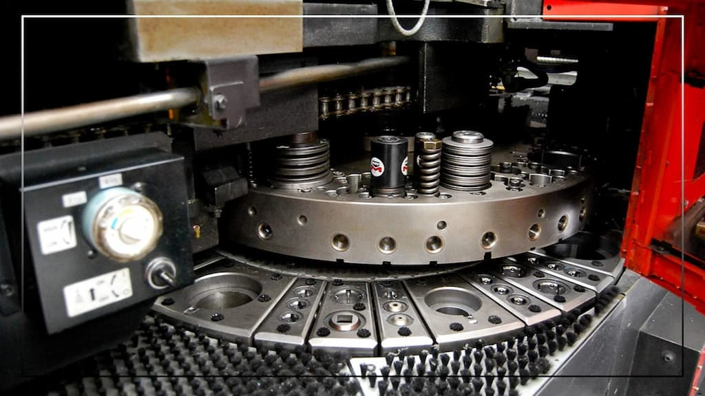 A close-up view of the turret tooling system