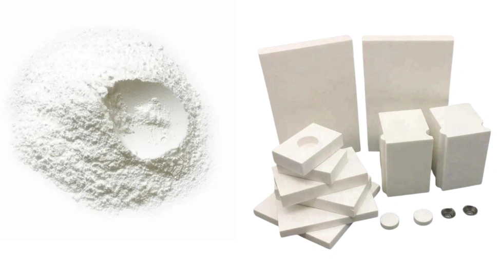 An image showing raw aluminum oxide powder on the left and molded ceramic items on the right