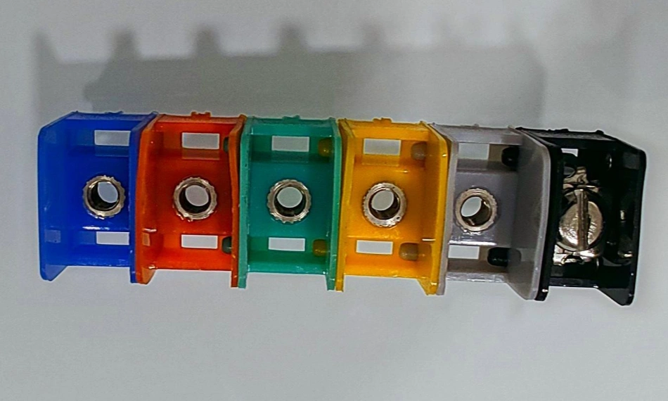 Colorful acetal (Celcon®) connector housings displaying material versatility in multiple colors