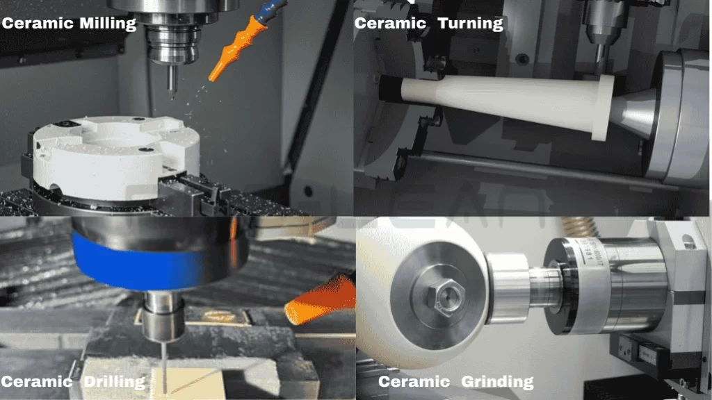 An image showing alumina ceramic milling, turning, drilling, and grinding processes