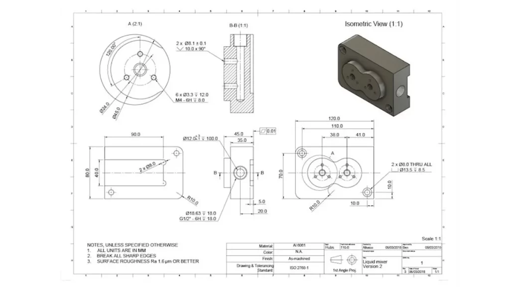 A technical drawing with an isometric view of a liquid mixer, including dimensions and material specifications.