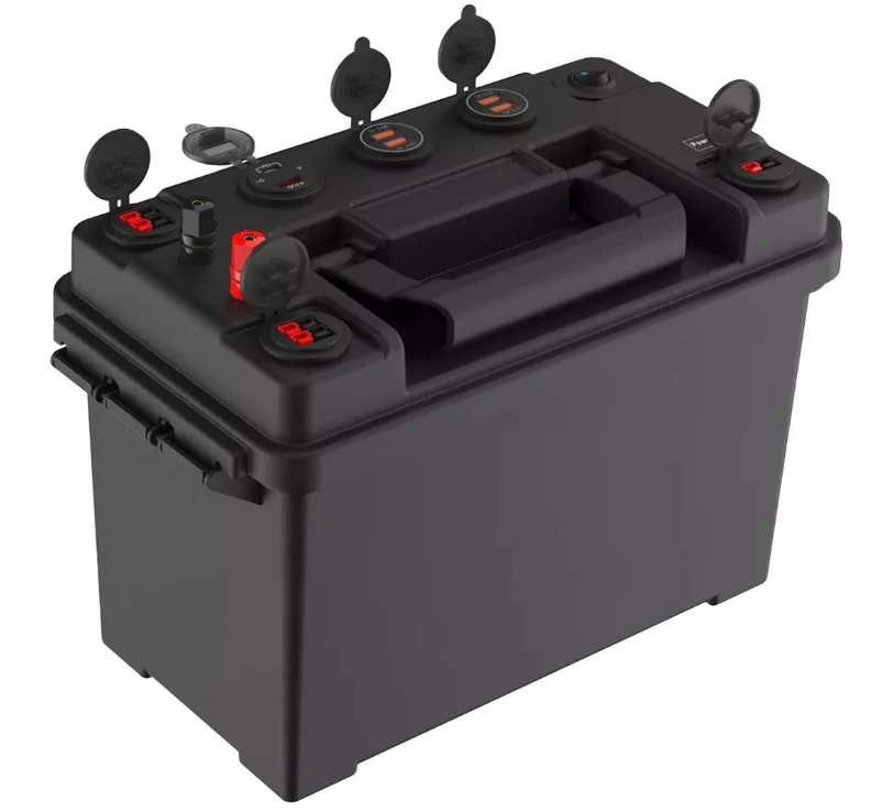 Polypropylene battery enclosure housing with terminal posts, protective caps, and integrated mounting brackets