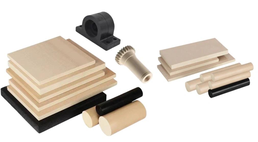 An image showing sheets and rods of PPS plastic along with two machined parts