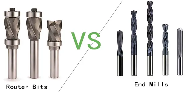Three router bits in comparison with five end mills used in a CNC milling machine with a white background