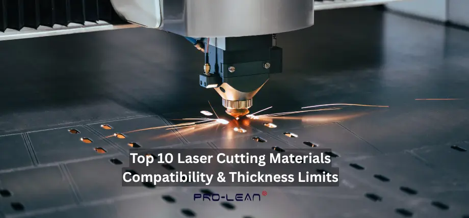 Close-up of a fiber laser head emitting bright sparks while cutting thin metal sheet, overlaid with text 