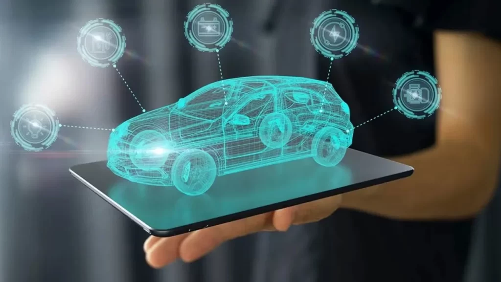 A 3D holographic wireframe of a car, with mechanical icons floating around it.
