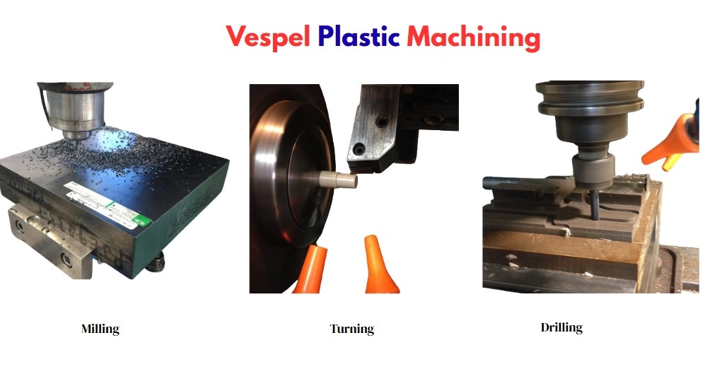 An image illustrating vespel machining processes, milling, turning, and drilling.