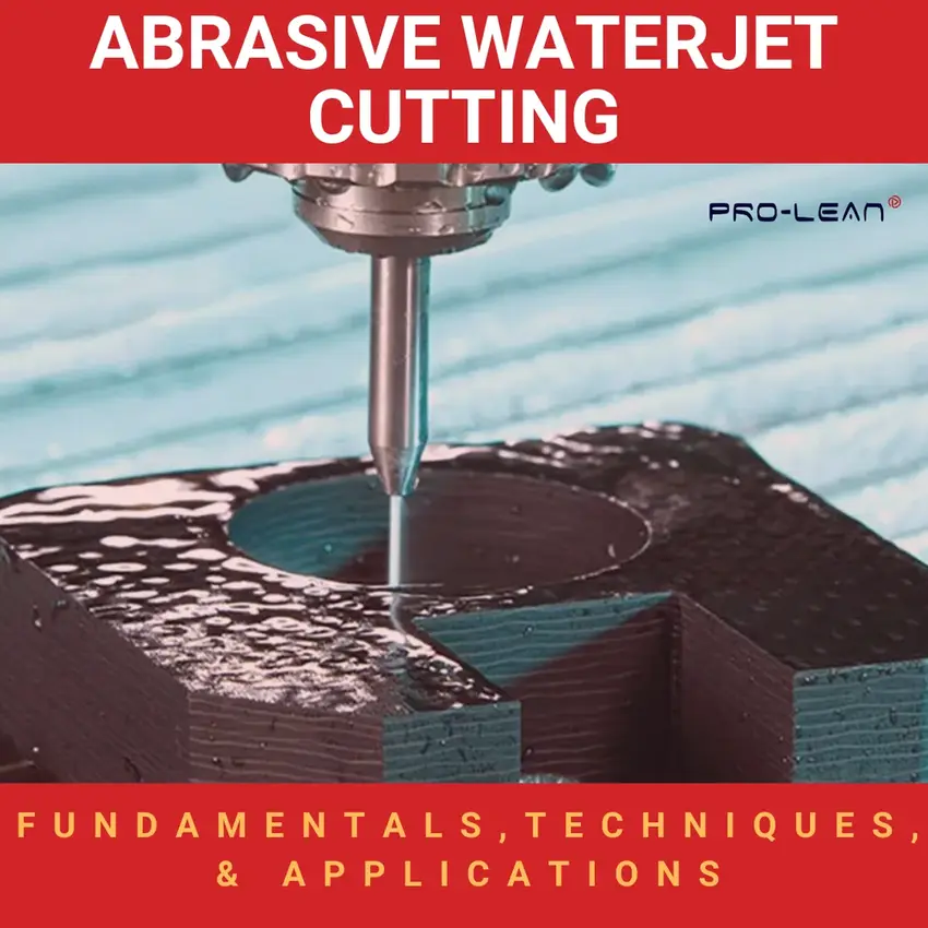 Abrasive waterjet cutting nozzle piercing through dark composite material with article title text overlay