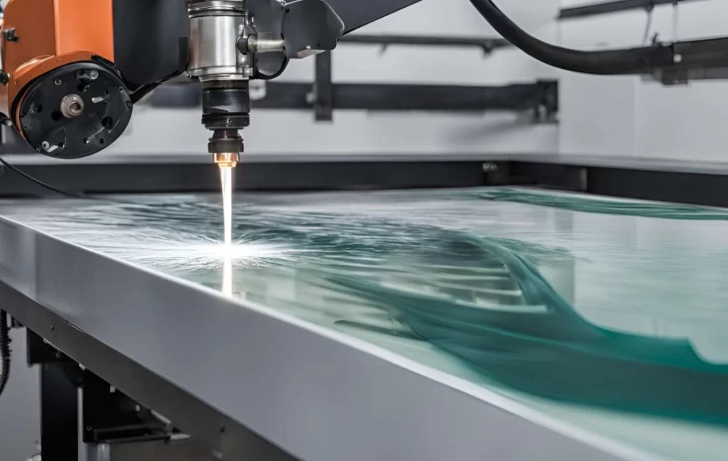 Robotic waterjet cutting head with visible jet stream cutting through green-tinted glass sheet on an industrial table
