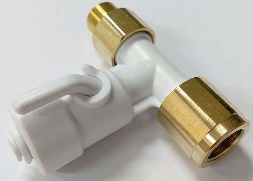 White acetal angle stop valve with brass fittings for plumbing applications