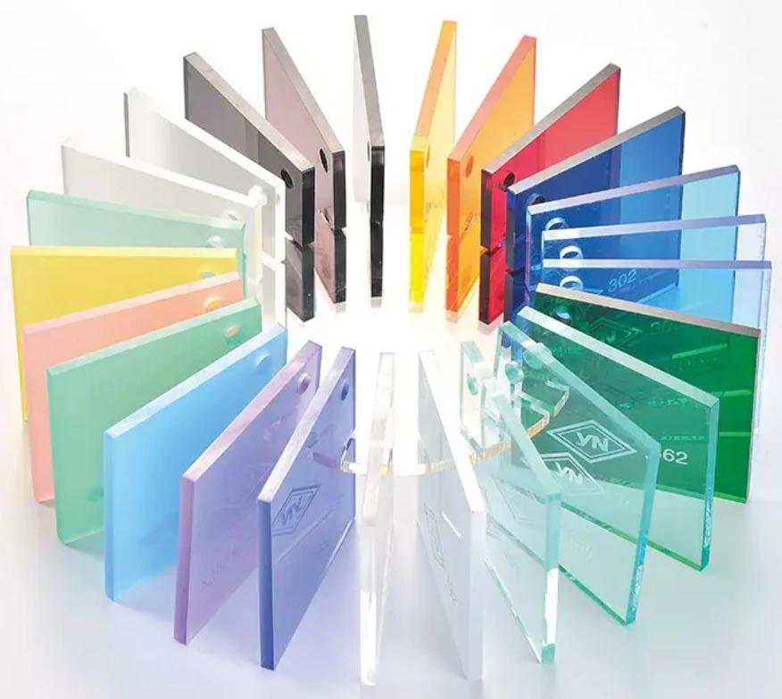 Cast acrylic sheet color variety display showing a wide range of transparent and opaque hues available