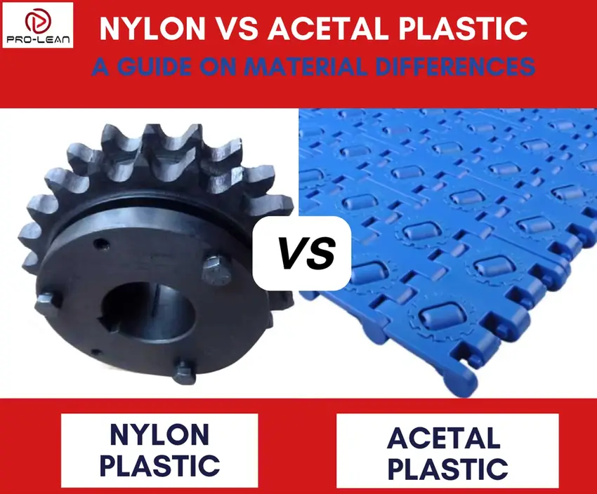 Black acetal sprocket gear compared to blue nylon modular conveyor belt, showing material differences