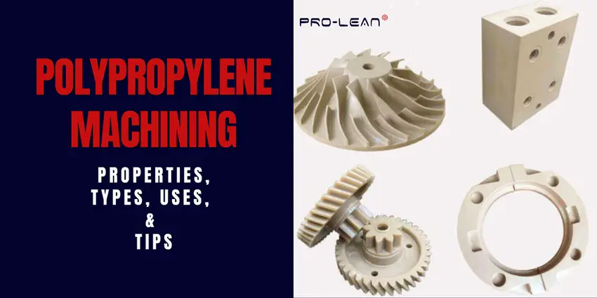 Precision-machined polypropylene components, including helical impeller, threaded block, interlocking gears, and flanged circular housing