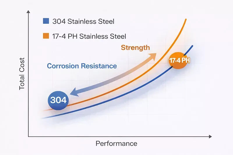 A curved line on a graph showing the corrosion resistance and strength relation between 304 stainless steel and 17-4 stainless steel.