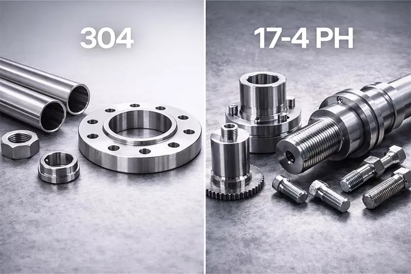 304 stainless steel parts on the left side and 17-4 stainless steel parts on the right side