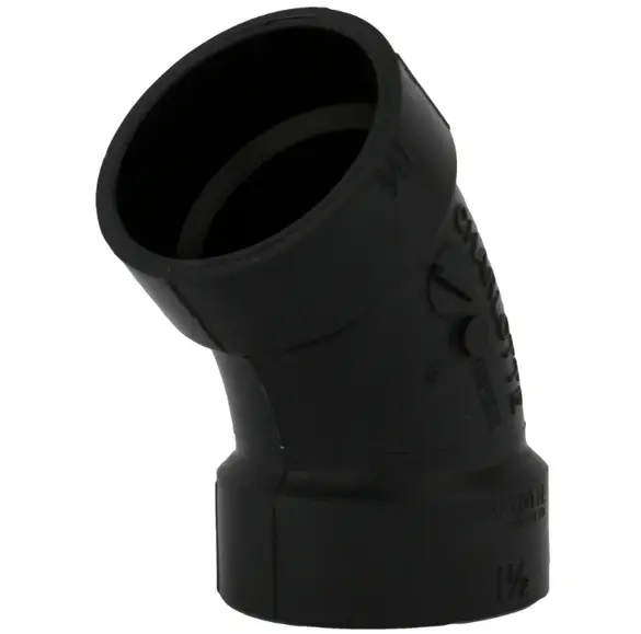 Black ABS plastic plumbing elbow made of ABS material fitting with threaded connections and an angled joint