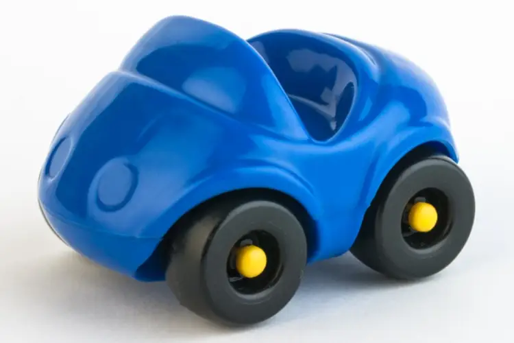 Blue ABS plastic toy car with smooth, rounded body and black wheels with yellow centers