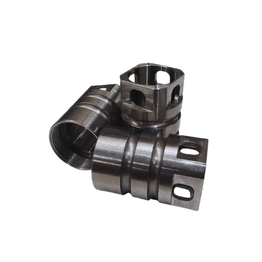 Three precision-machined alloy steel parts with the ventilation slots inside them