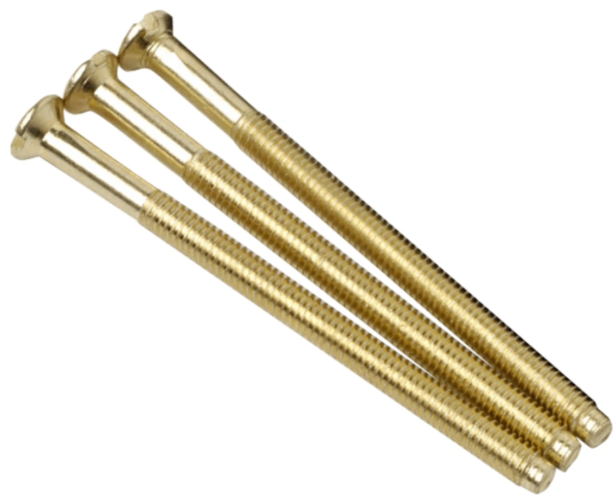 Three alpha brass screws with rounded heads and fully threaded shanks