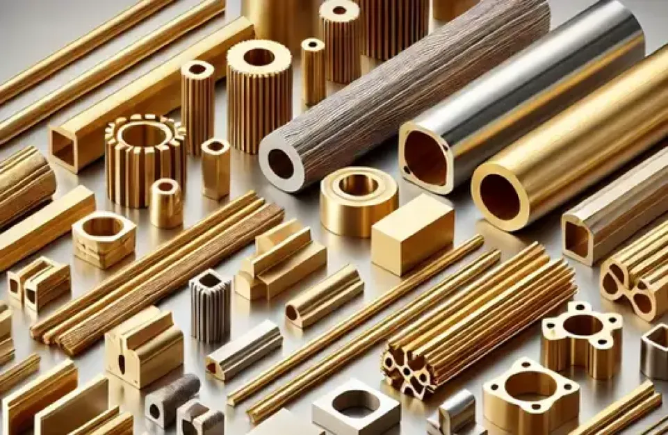 Assorted brass extrusion profiles, including tubes, rods, channels, and custom-shaped sections