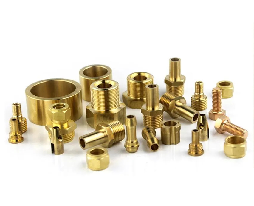 Collection of brass CNC-machined parts, such as fittings and connectors