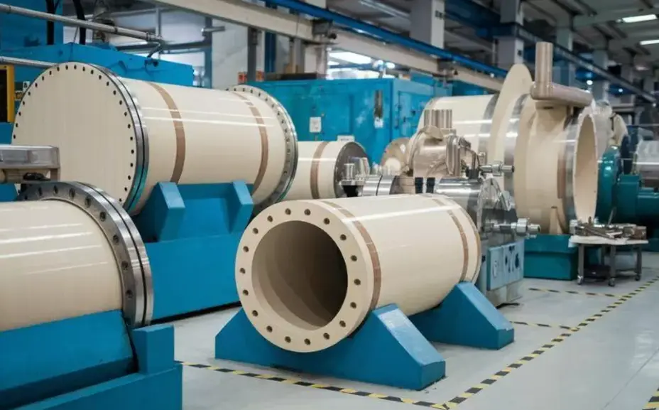 Large-scale CNC-machined ceramic cylindrical components with flanged ends on blue mounting fixtures in a manufacturing facility