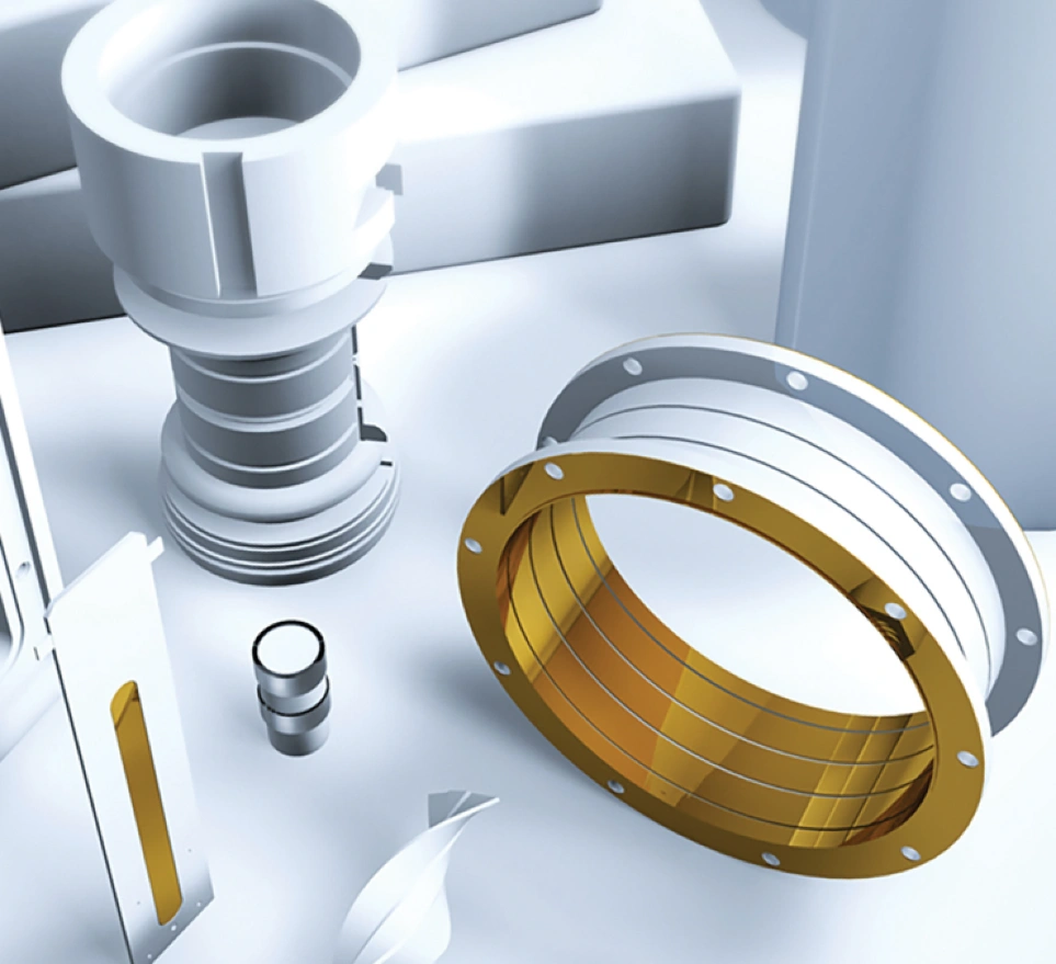 CNC-machined MACOR ceramic assembly with flanged rings, grooved shaft, and precision mating components