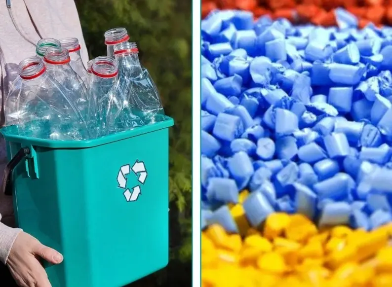 ABS plastic recycling showing a collection bin with bottles and colorful shredded plastic pellets ready for reprocessing