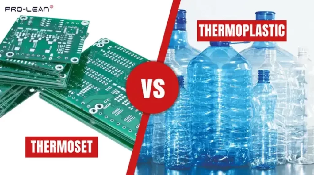 Blog’s featured image showing green circuit boards labeled thermoset versus blue plastic water bottles labeled thermoplastic in a split comparison diagram